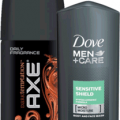 dove men body wash and axe body spray